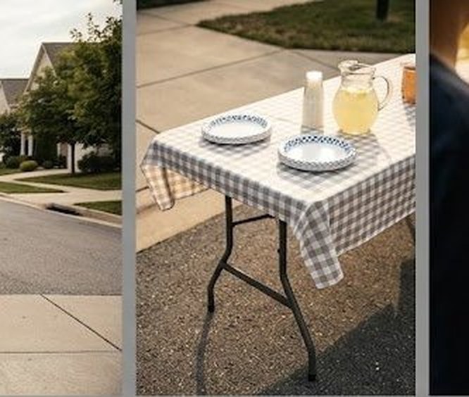 Folding table set up with refreshments for a neighborhood block party